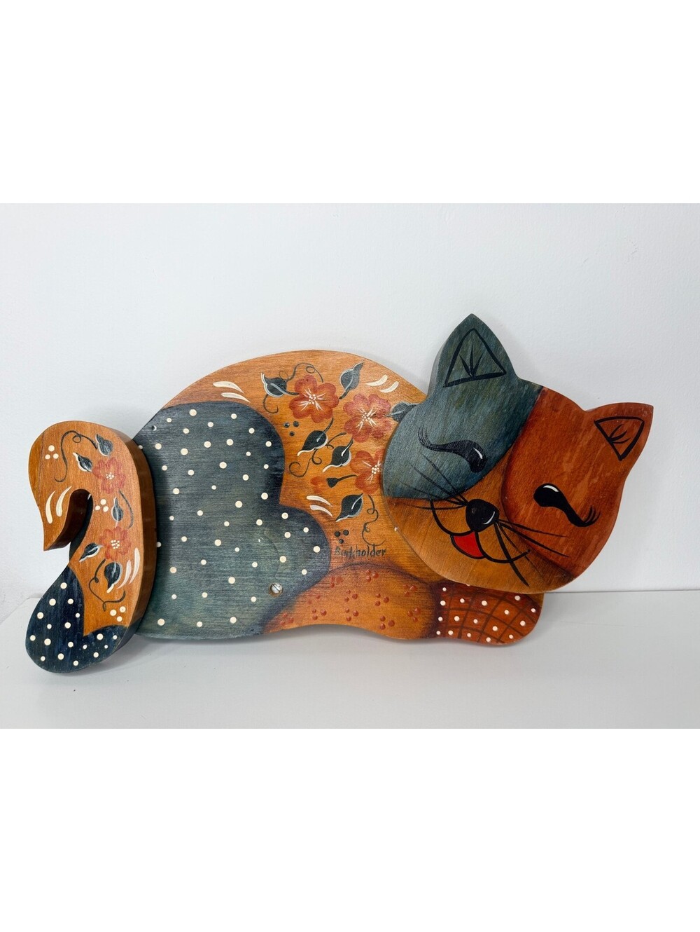 Vintage hand painted wooden cat wall decor art